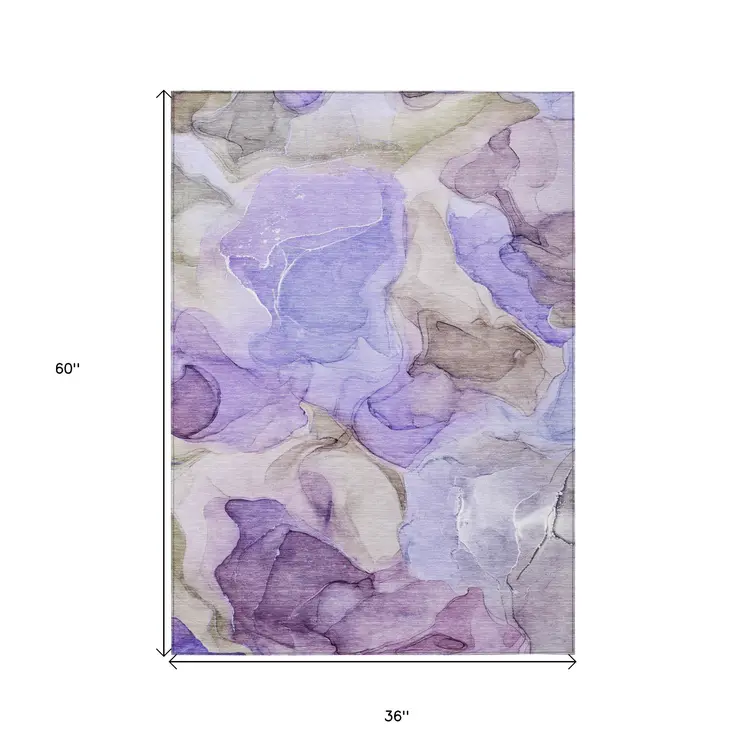 3' X 5' Gray And Purple Abstract Washable Indoor Outdoor Area Rug