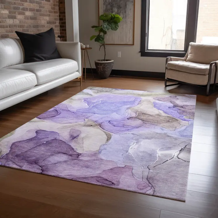 3' X 5' Gray And Purple Abstract Washable Indoor Outdoor Area Rug