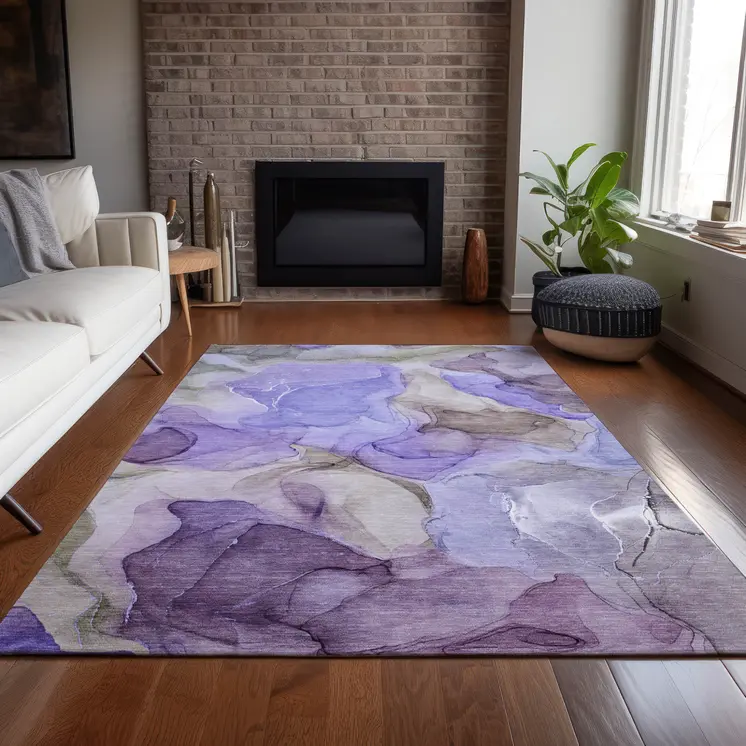 3' X 5' Gray And Purple Abstract Washable Indoor Outdoor Area Rug