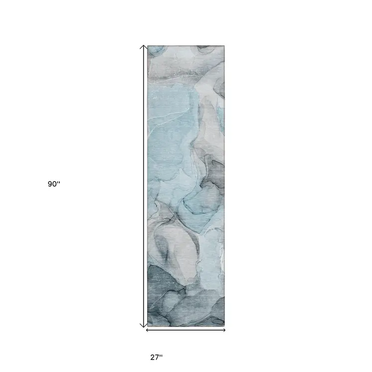 8' Runner Teal Abstract Washable Non Skid Indoor Outdoor Runner Rug