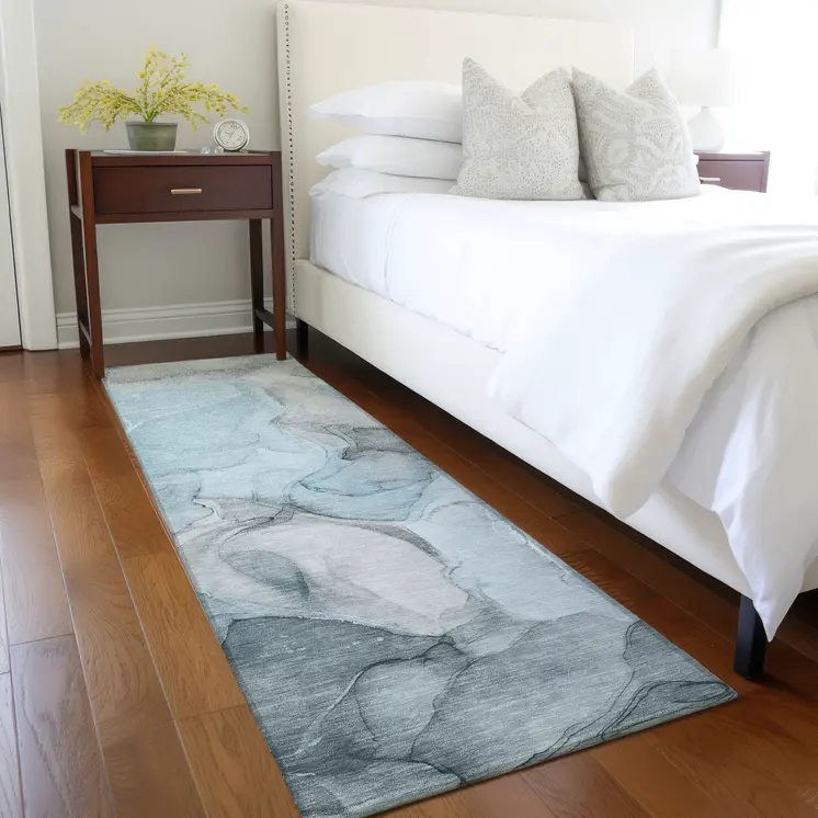 8' Runner Teal Abstract Washable Non Skid Indoor Outdoor Runner Rug