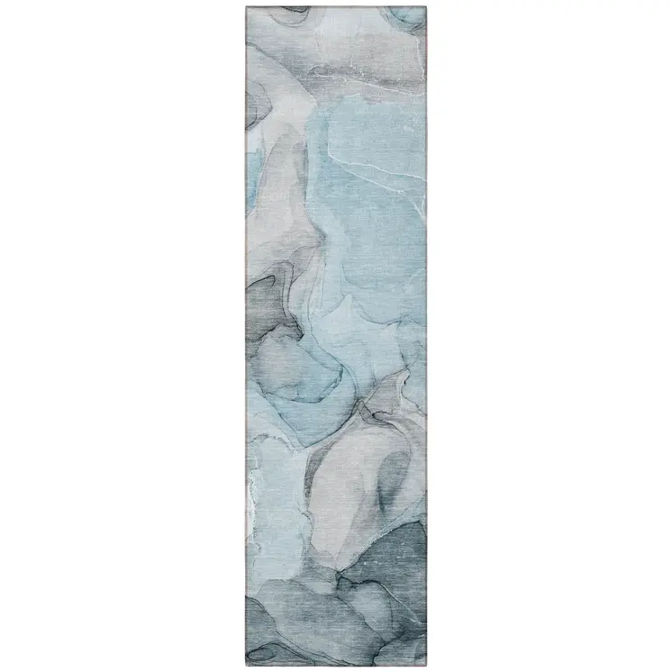 8' Runner Teal Abstract Washable Non Skid Indoor Outdoor Runner Rug