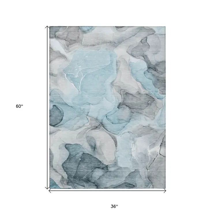 3' X 5' Teal Abstract Washable Non Skid Indoor Outdoor Area Rug