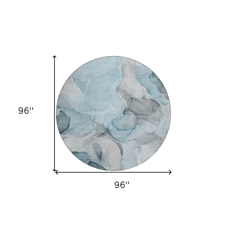 8' Round Teal Round Abstract Washable Non Skid Indoor Outdoor Area Rug