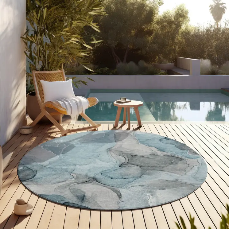 8' Round Teal Round Abstract Washable Non Skid Indoor Outdoor Area Rug