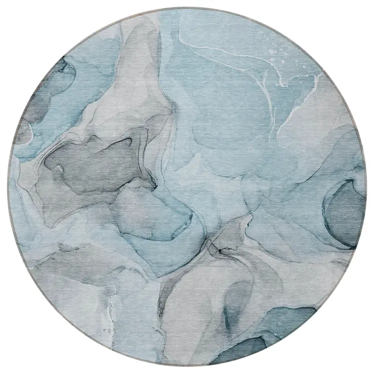 8' Round Teal Round Abstract Washable Non Skid Indoor Outdoor Area Rug
