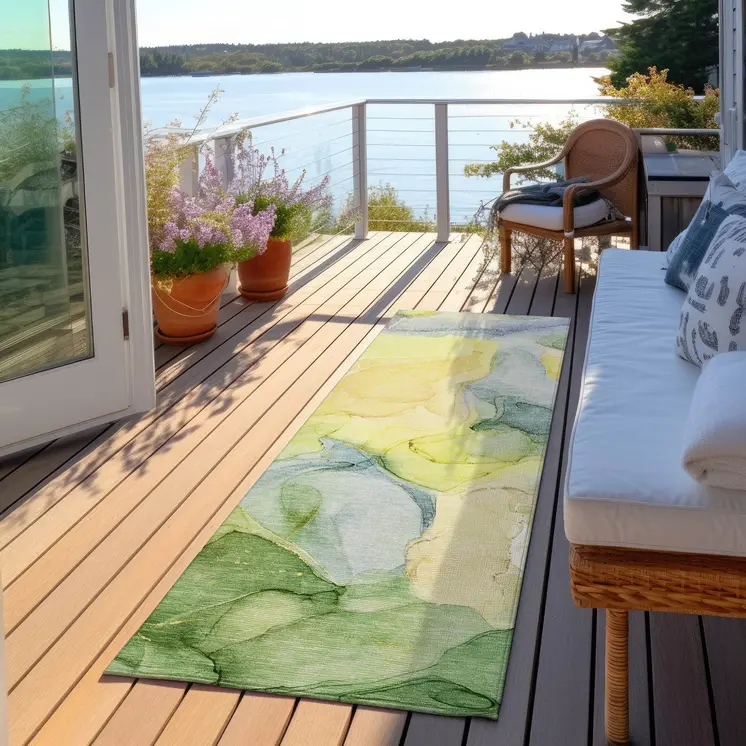 8' Runner Yellow Abstract Washable Non Skid Indoor Outdoor Runner Rug