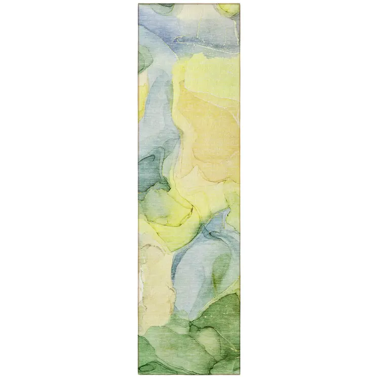 8' Runner Yellow Abstract Washable Non Skid Indoor Outdoor Runner Rug