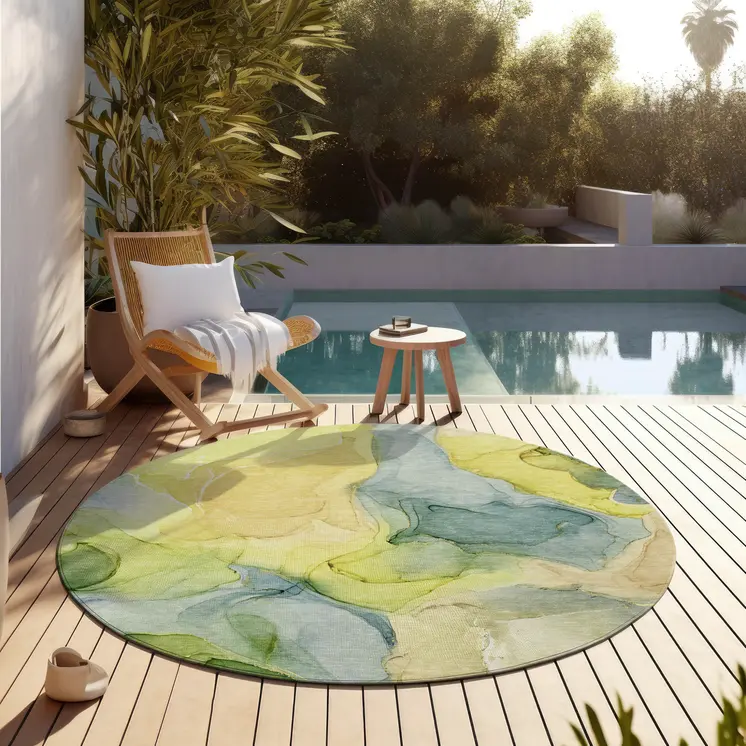 8' Round Yellow Round Abstract Washable Non Skid Indoor Outdoor Area Rug