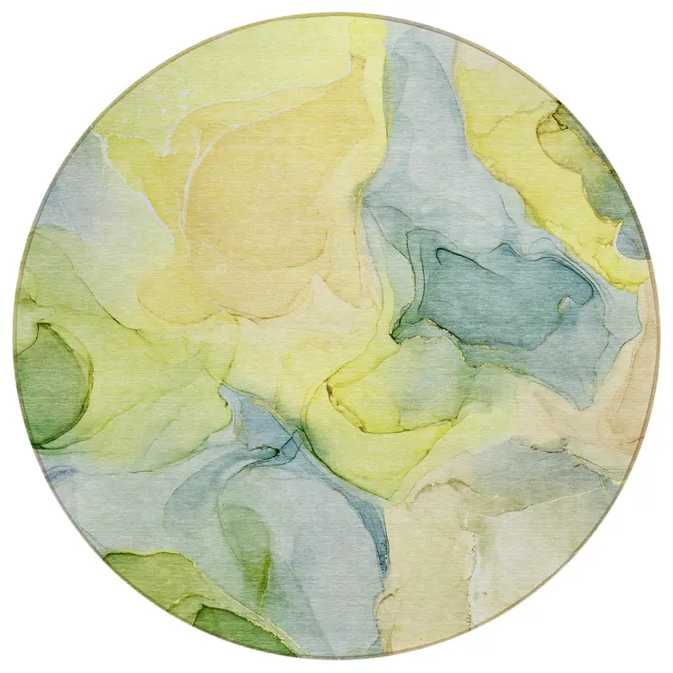 8' Round Yellow Round Abstract Washable Non Skid Indoor Outdoor Area Rug