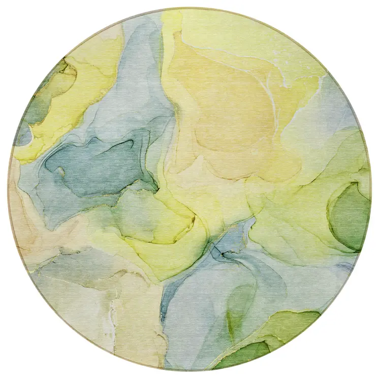 8' Round Yellow Round Abstract Washable Non Skid Indoor Outdoor Area Rug