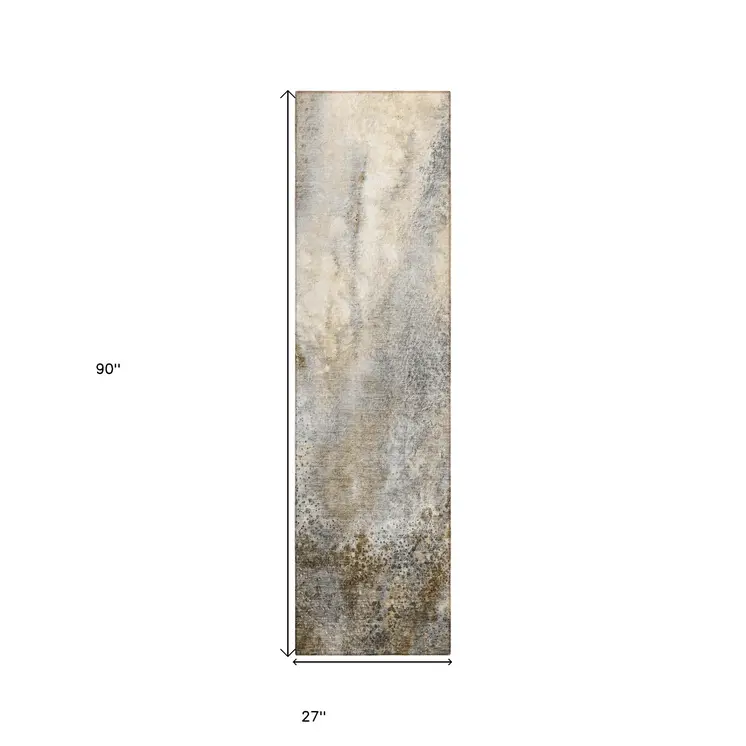 8' Runner Beige Abstract Washable Non Skid Indoor Outdoor Runner Rug