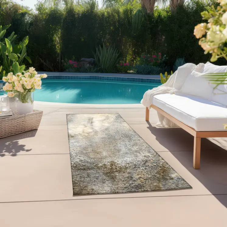 8' Runner Beige Abstract Washable Non Skid Indoor Outdoor Runner Rug
