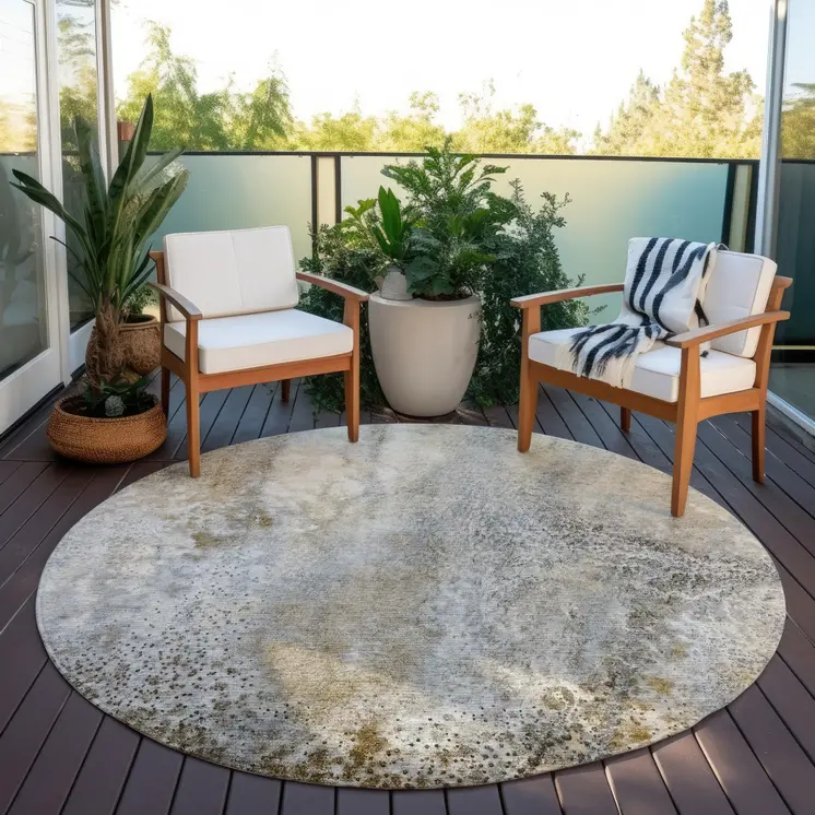 8' Round Beige Round Abstract Washable Non Skid Indoor Outdoor Area Rug