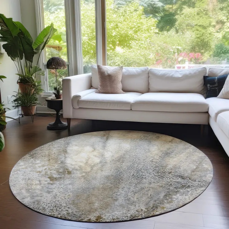 8' Round Beige Round Abstract Washable Non Skid Indoor Outdoor Area Rug