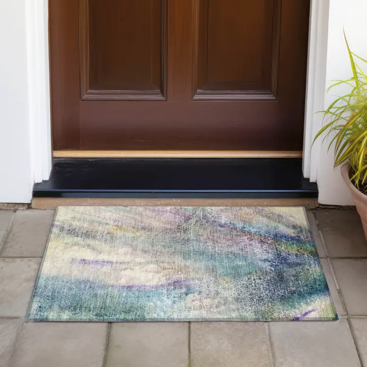 2' X 3' Beige Blue and Gray Abstract Washable Non Skid Indoor Outdoor Area Rug