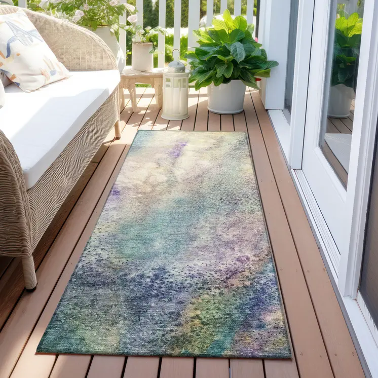 8' Runner Beige Blue and Gray Abstract Washable Non Skid Indoor Outdoor Runner Rug