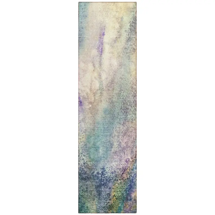 8' Runner Beige Blue and Gray Abstract Washable Non Skid Indoor Outdoor Runner Rug