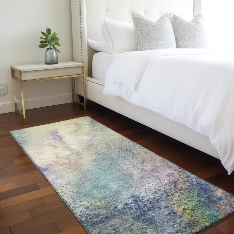 8' Runner Beige Blue and Gray Abstract Washable Non Skid Indoor Outdoor Runner Rug