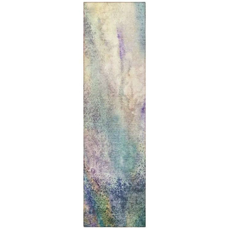 8' Runner Beige Blue and Gray Abstract Washable Non Skid Indoor Outdoor Runner Rug