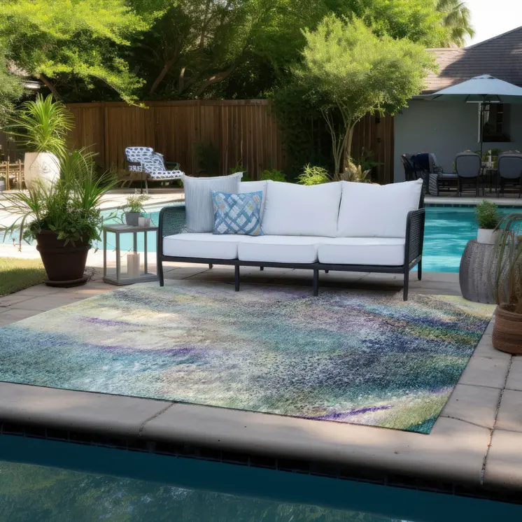 3' X 5' Beige Blue and Gray Abstract Washable Non Skid Indoor Outdoor Area Rug