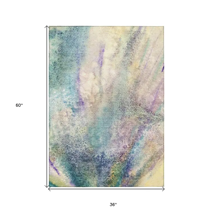 3' X 5' Beige Blue and Gray Abstract Washable Non Skid Indoor Outdoor Area Rug