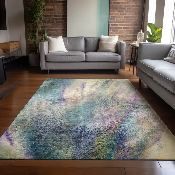 5' X 8' Beige Blue and Gray Abstract Washable Non Skid Indoor Outdoor Area Rug