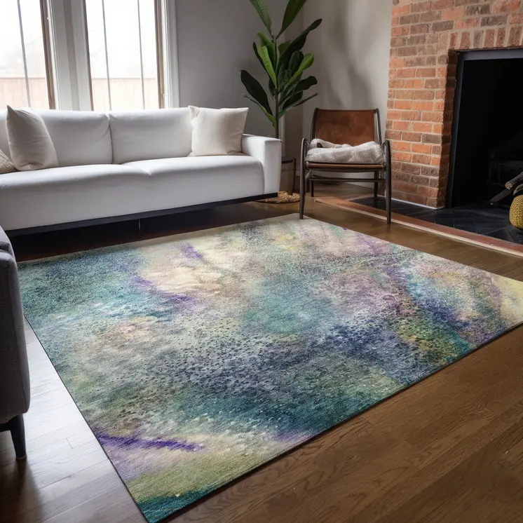 5' X 8' Beige Blue and Gray Abstract Washable Non Skid Indoor Outdoor Area Rug
