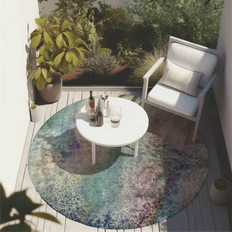 8' Round Beige Blue and Gray Round Abstract Washable Non Skid Indoor Outdoor Area Rug