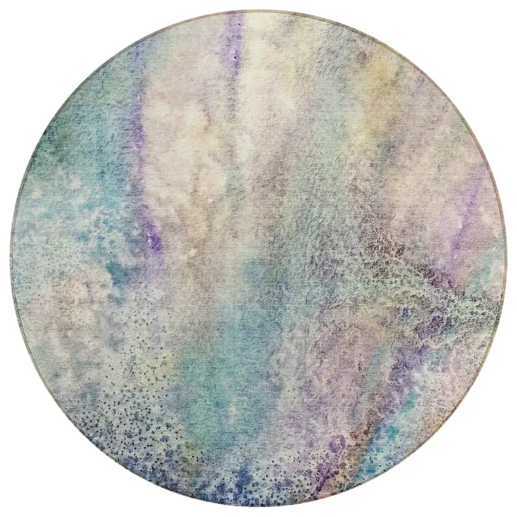 8' Round Beige Blue and Gray Round Abstract Washable Non Skid Indoor Outdoor Area Rug