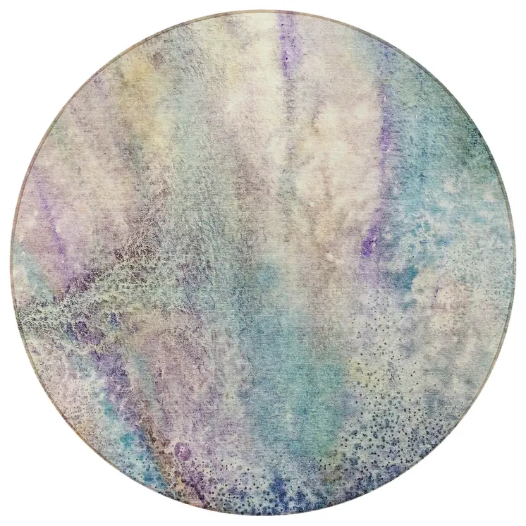 8' Round Beige Blue and Gray Round Abstract Washable Non Skid Indoor Outdoor Area Rug