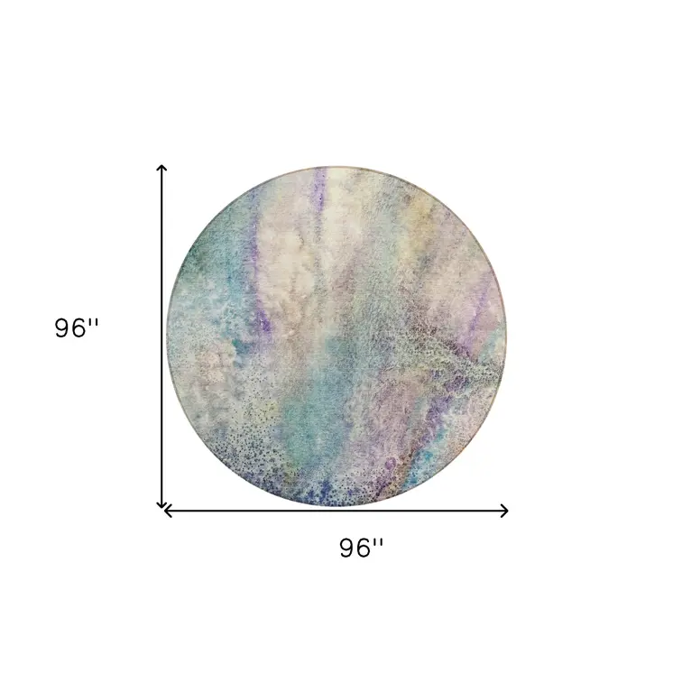 8' Round Beige Blue and Gray Round Abstract Washable Non Skid Indoor Outdoor Area Rug