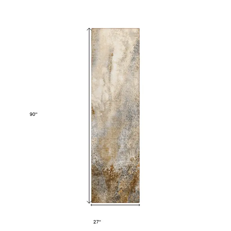 8' Runner Brown Abstract Washable Non Skid Indoor Outdoor Runner Rug