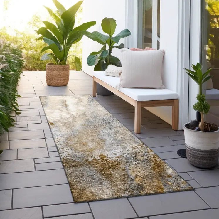 8' Runner Brown Abstract Washable Non Skid Indoor Outdoor Runner Rug