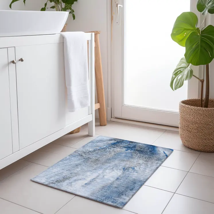 2' X 3' Ivory Blue and Gray Abstract Washable Non Skid Indoor Outdoor Area Rug