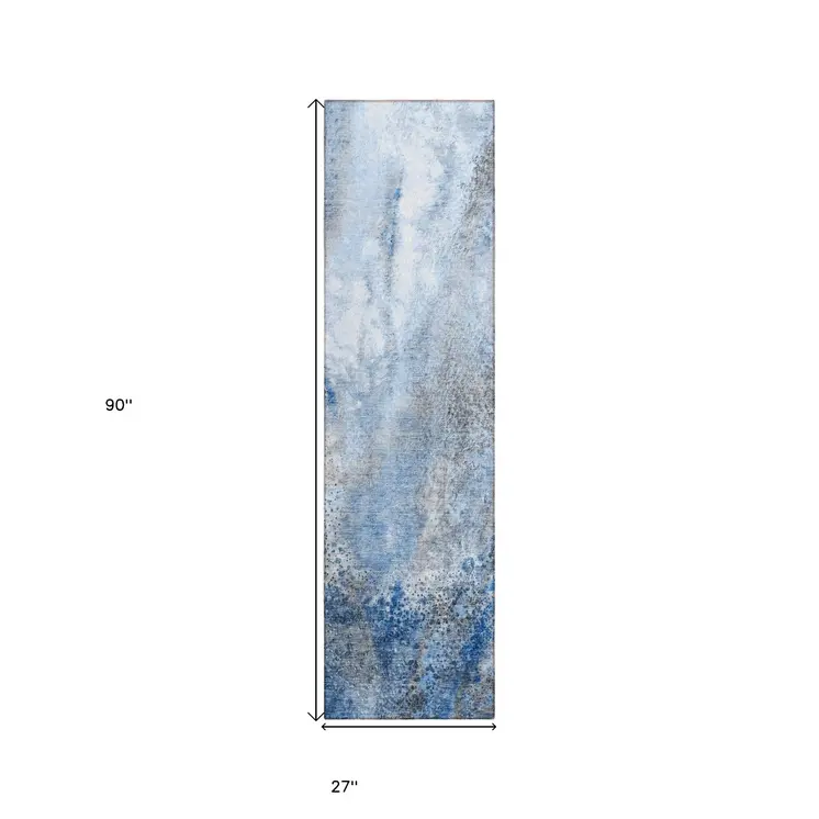 8' Runner Ivory Blue and Gray Abstract Washable Non Skid Indoor Outdoor Runner Rug