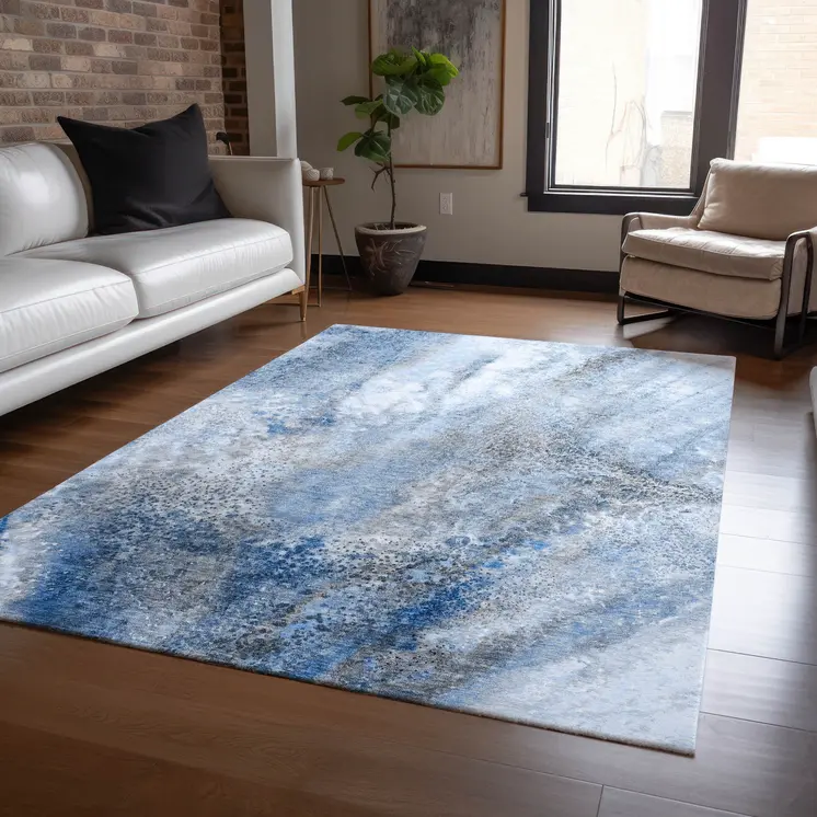 3' X 5' Ivory Blue And Gray Abstract Washable Indoor Outdoor Area Rug