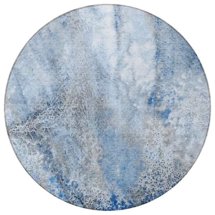 8' Round Ivory Blue and Gray Round Abstract Washable Non Skid Indoor Outdoor Area Rug