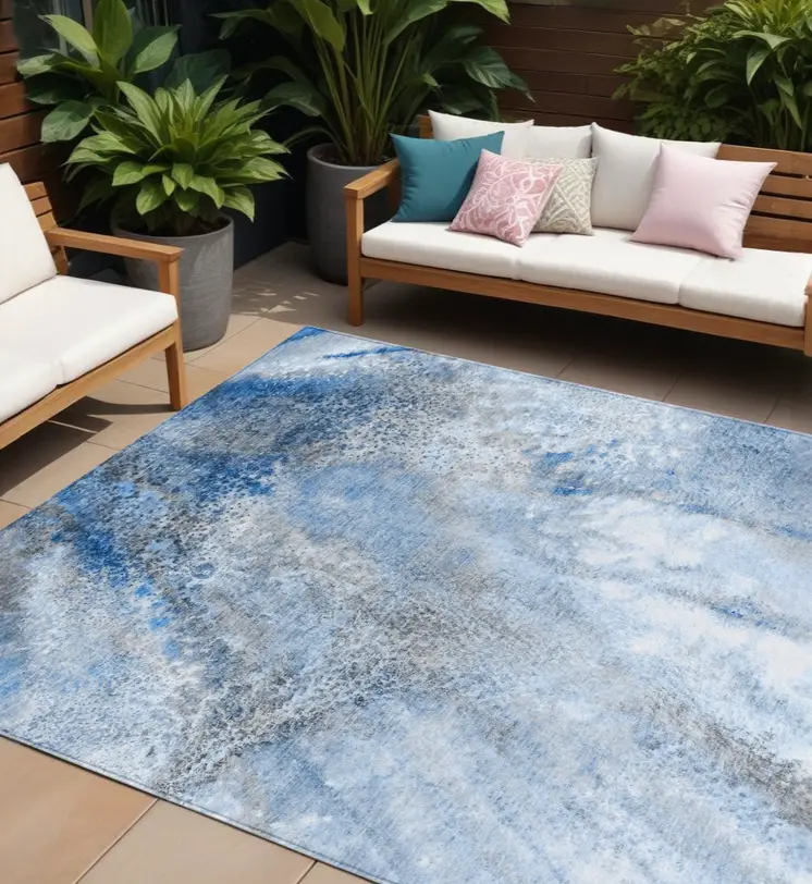 8' X 10' Navy and Gray Abstract Washable Non Skid Indoor Outdoor Area Rug