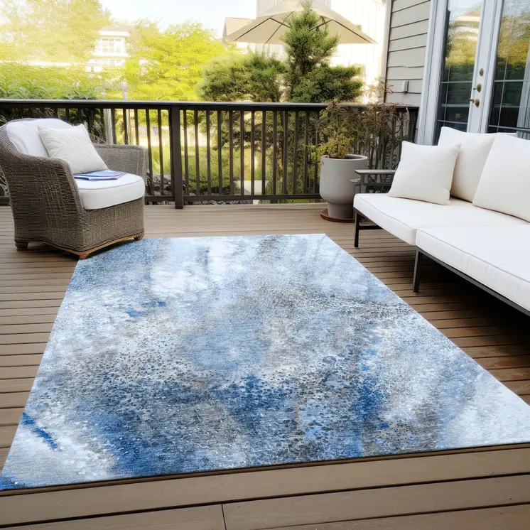 10' X 14' Ivory Blue and Gray Abstract Washable Non Skid Indoor Outdoor Area Rug