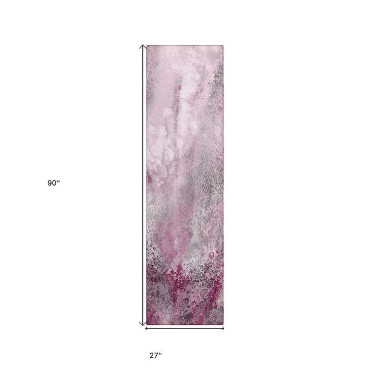 8' Runner Pink Abstract Washable Non Skid Indoor Outdoor Runner Rug