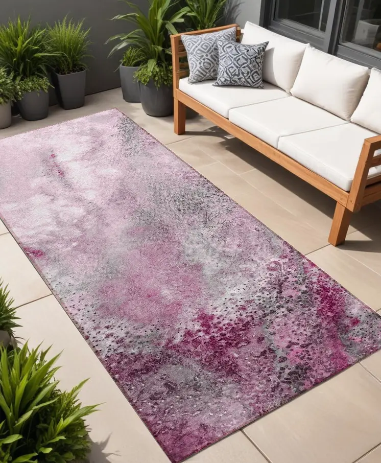 8' Runner Pink Abstract Washable Non Skid Indoor Outdoor Runner Rug