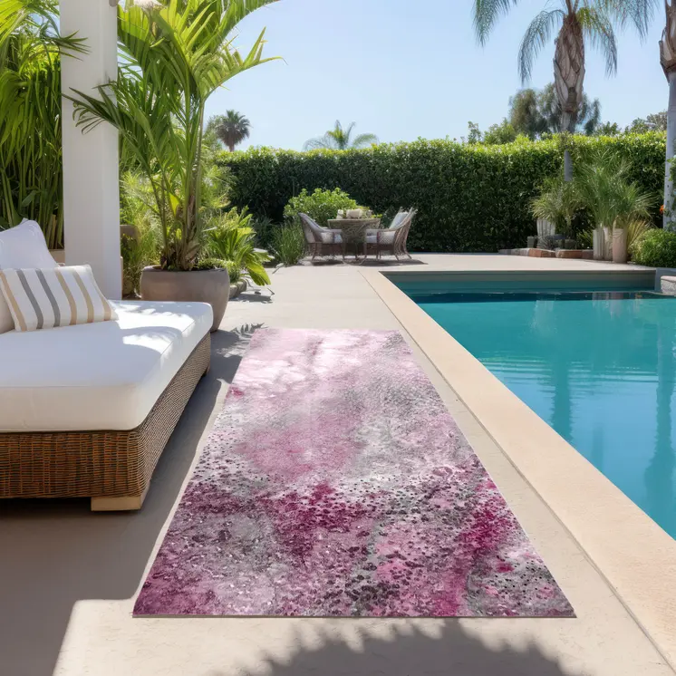 8' Runner Pink Abstract Washable Non Skid Indoor Outdoor Runner Rug