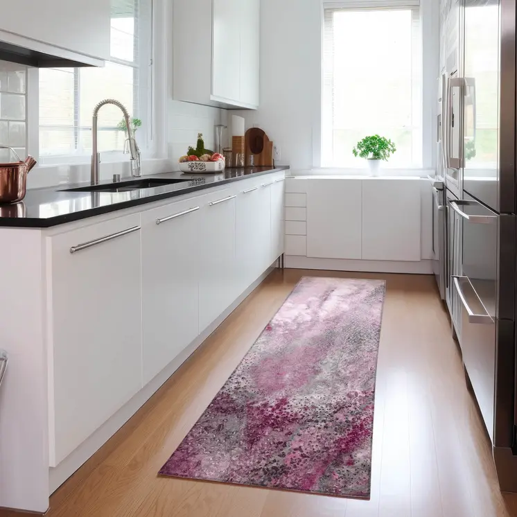 8' Runner Pink Abstract Washable Non Skid Indoor Outdoor Runner Rug