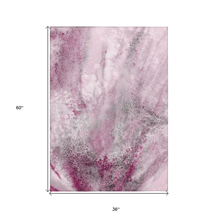 3' X 5' Pink Abstract Washable Non Skid Indoor Outdoor Area Rug
