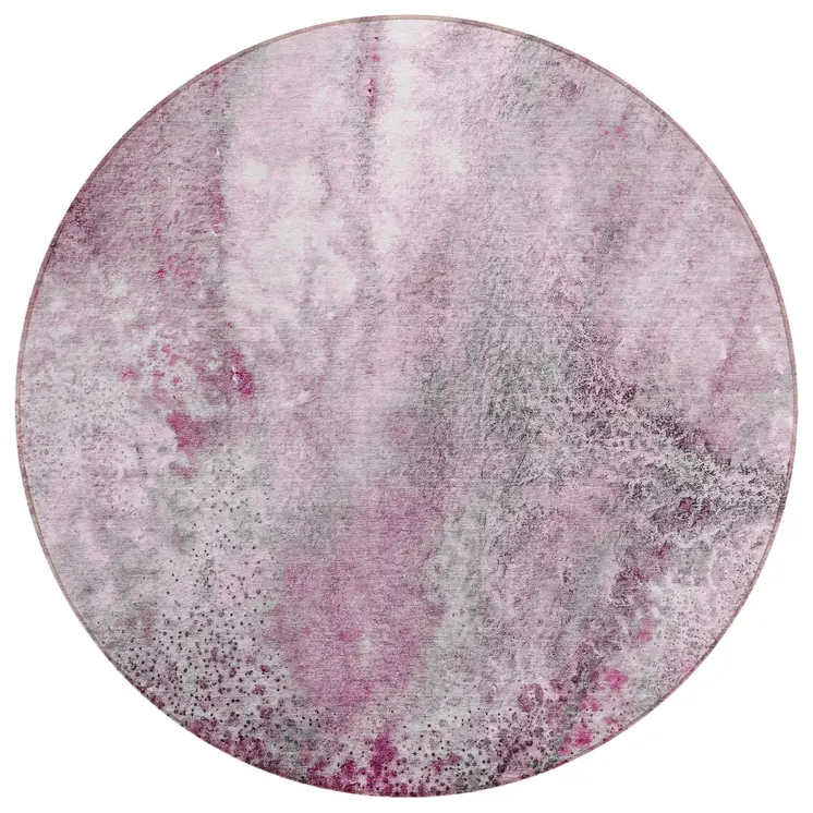 8' Round Pink Round Abstract Washable Non Skid Indoor Outdoor Area Rug