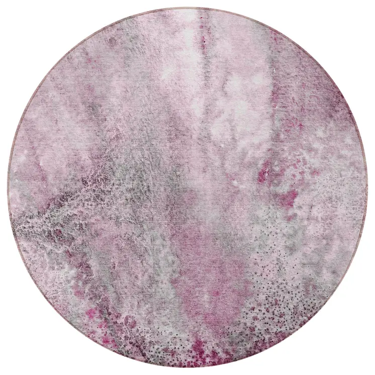 8' Round Pink Round Abstract Washable Non Skid Indoor Outdoor Area Rug