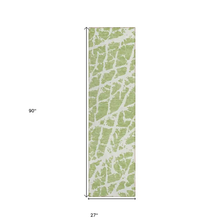 8' Runner Green and White Abstract Washable Non Skid Indoor Outdoor Runner Rug