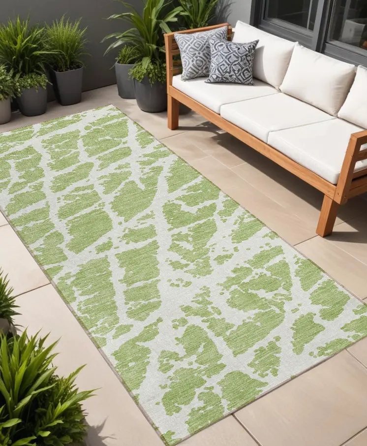 8' Runner Green and White Abstract Washable Non Skid Indoor Outdoor Runner Rug