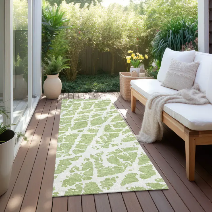 8' Runner Green and White Abstract Washable Non Skid Indoor Outdoor Runner Rug